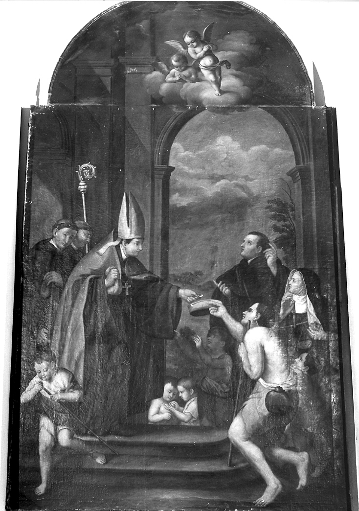 Sant'Ansovino distribuisce l'elemosina (dipinto) di Sacchi Andrea (attribuito) (sec. XVII)