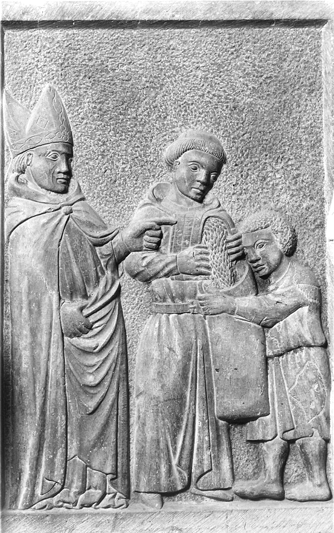 Sant'Ansovino compie il miracolo del grano (rilievo) di Tino di Camaino (cerchia) (sec. XIV, sec. XV)