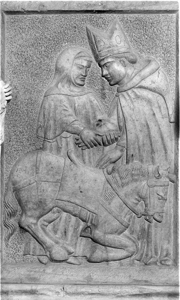 Sant'Ansovino riceve l'omaggio di un cavaliere (rilievo, elemento d'insieme) di Tino di Camaino (cerchia) (sec. XIV, sec. XV)
