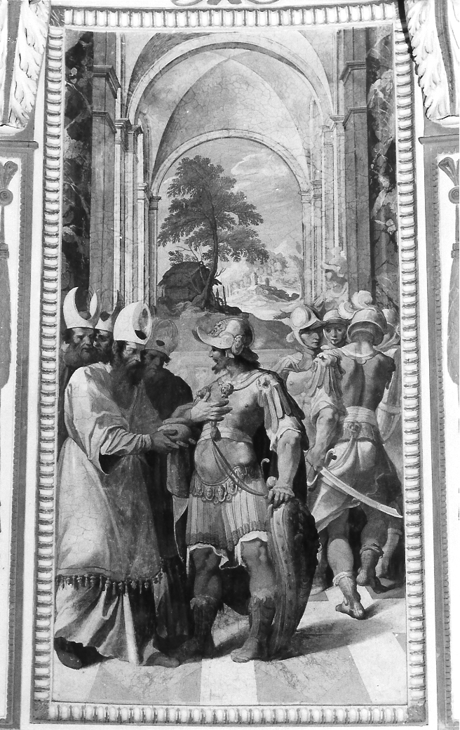 David riceve dal sacerdote Achimelek i pani sacri (dipinto, elemento d'insieme) di Gasparini Gaspare (seconda metà sec. XVI)