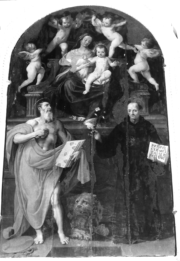 Madonna in trono con San Girolamo e San Nicola da Tolentino (dipinto) di Gasparini Gaspare (seconda metà sec. XVI)