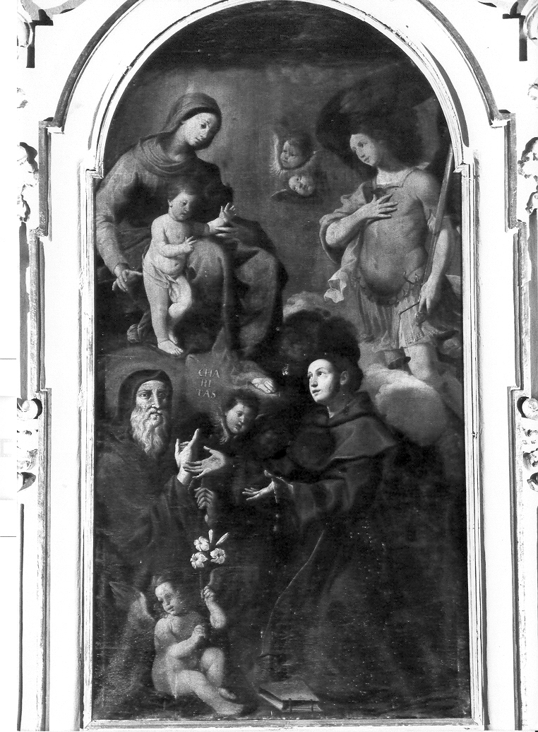 Madonna con Bambino, Sant'Antonio da Padova, San Michele Arcangelo, San Francesco di Paola (dipinto) di Carosi Giovanni Antonio (attribuito) (metà sec. XVII)
