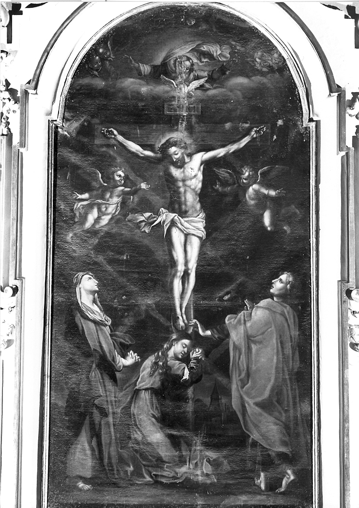 Crocifissione di Cristo con la Madonna, San Giovanni evangelista, Santa Maria Maddalena (dipinto) di Roncalli Cristoforo detto Pomarancio (cerchia) (sec. XVII)