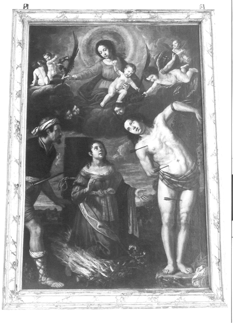 Madonna con Bambino e Santi (dipinto, elemento d'insieme) di Guerrieri Giovanni Francesco (attribuito) (prima metà sec. XVII)