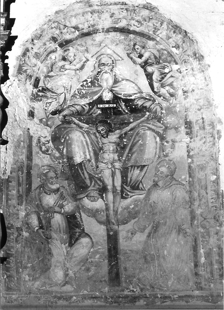 Trinità, San Paolo e San Francesco d'Assisi (dipinto) di Angelucci Camillo di Gaspare (metà sec. XVI)