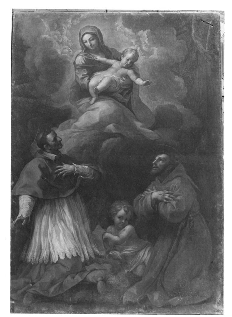 Madonna con Bambino in gloria con San Carlo Borromeo e San Francesco d`Assisi (dipinto) di Baldi Lazzaro - ambito marchigiano (sec. XVII)