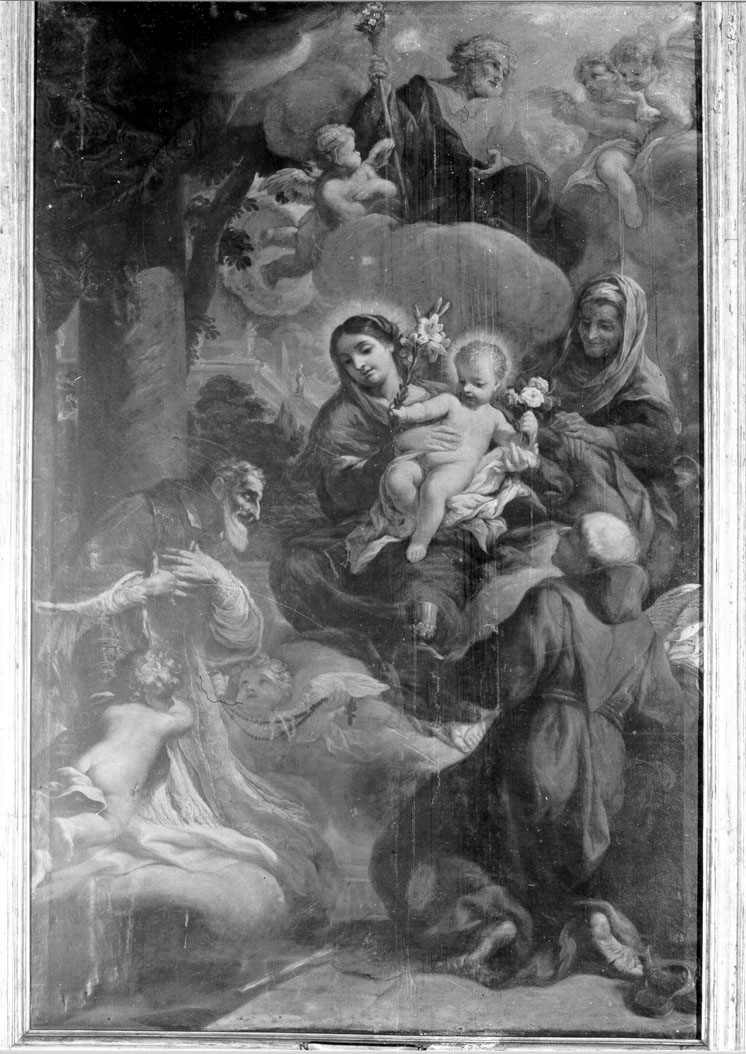 Sacra Famiglia con Sant'Anna, San Pio V e San Giacomo della Marca (dipinto) di Borghesi Giovanni Ventura (terzo quarto sec. XVII)