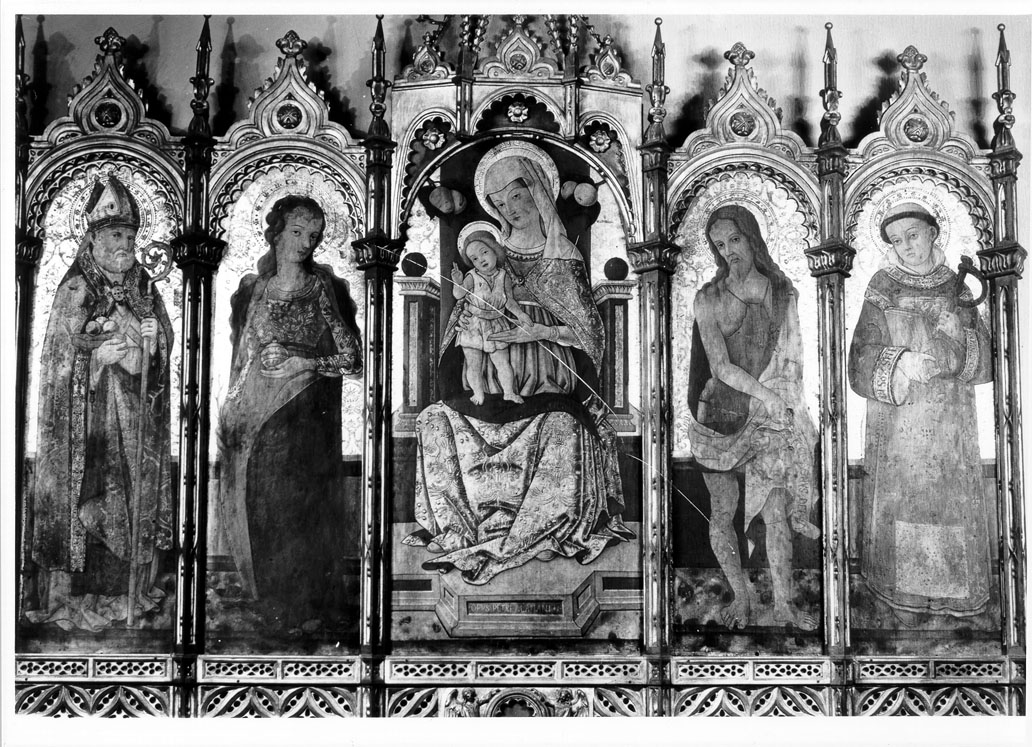 Madonna con Bambino con San Nicola da Bari, Santa Maria Maddalena, San Giovanni Battista e San Leonardo (polittico) di Alemanno Pietro (sec. XV)