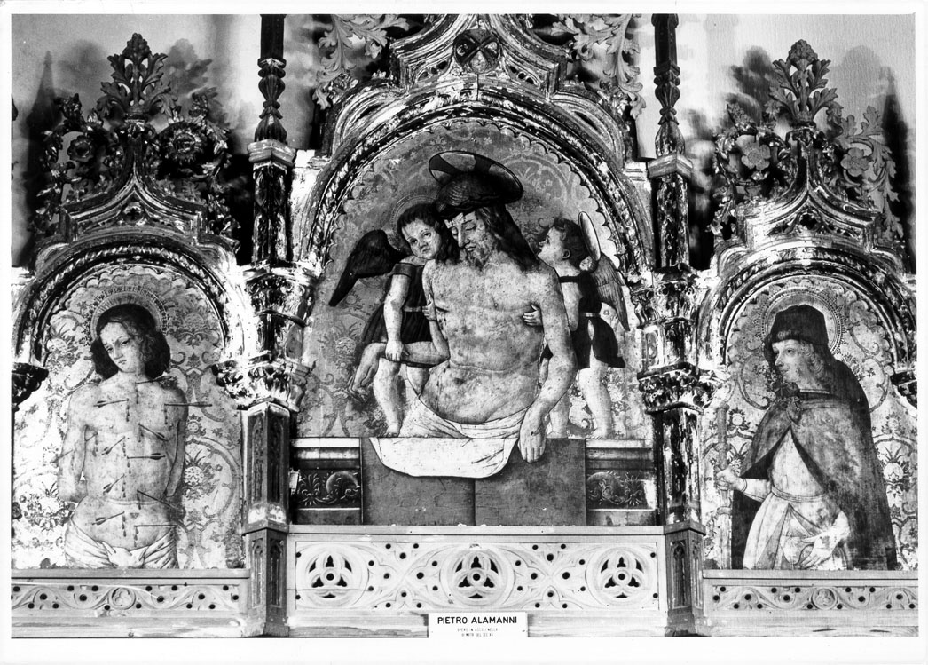 Cristo in pietà tra San Sebastiano e San Rocco (dipinto, frammento) di Alemanno Pietro (sec. XV)