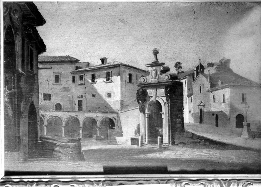 Piazza del Borgo Solestà con l'antica fontana, veduta di Ascoli Piceno (dipinto) di Gabrielli Giulio (seconda metà sec. XIX)