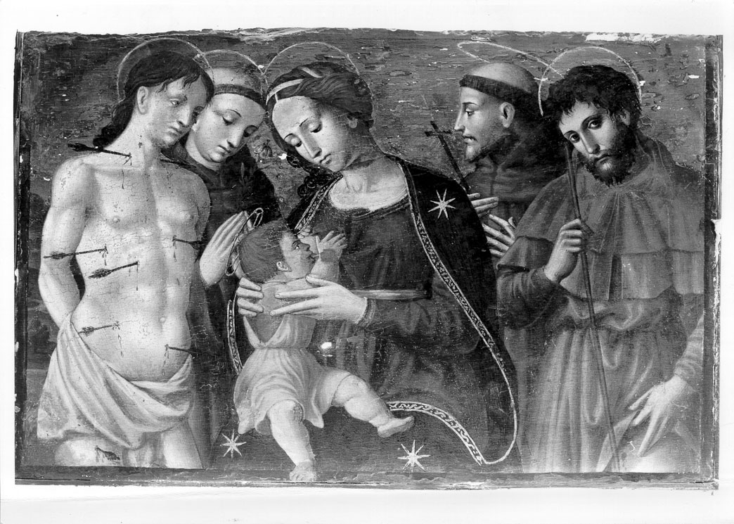 Madonna con Bambino tra San Sebastiano, Sant`Antonio, San Francesco d'Assisi e San Rocco (dipinto) di Filotesio Nicola detto Cola dell'Amatrice (prima metà sec. XVI)