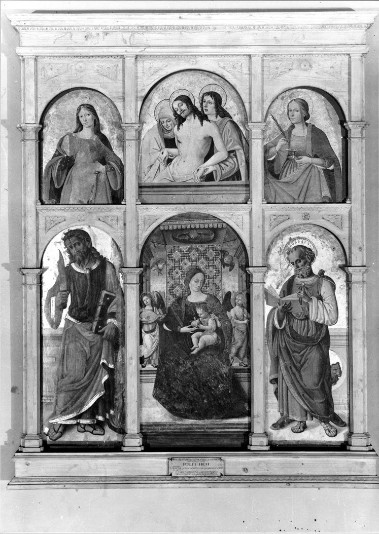 Madonna con Bambino tra San Bartolomeo, San Pietro, Santa Lucia e Santa Maria Maddalena (polittico) di Filotesio Nicola detto Cola dell'Amatrice (sec. XVI)