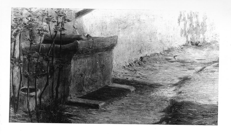 cortile con fontana (dipinto) di Crema Giovanni Battista (sec. XX)