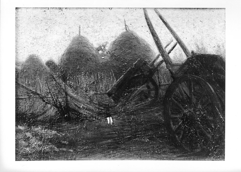 paesaggio con casa colonica e pagliai (dipinto) di Crema Giovanni Battista (sec. XX)