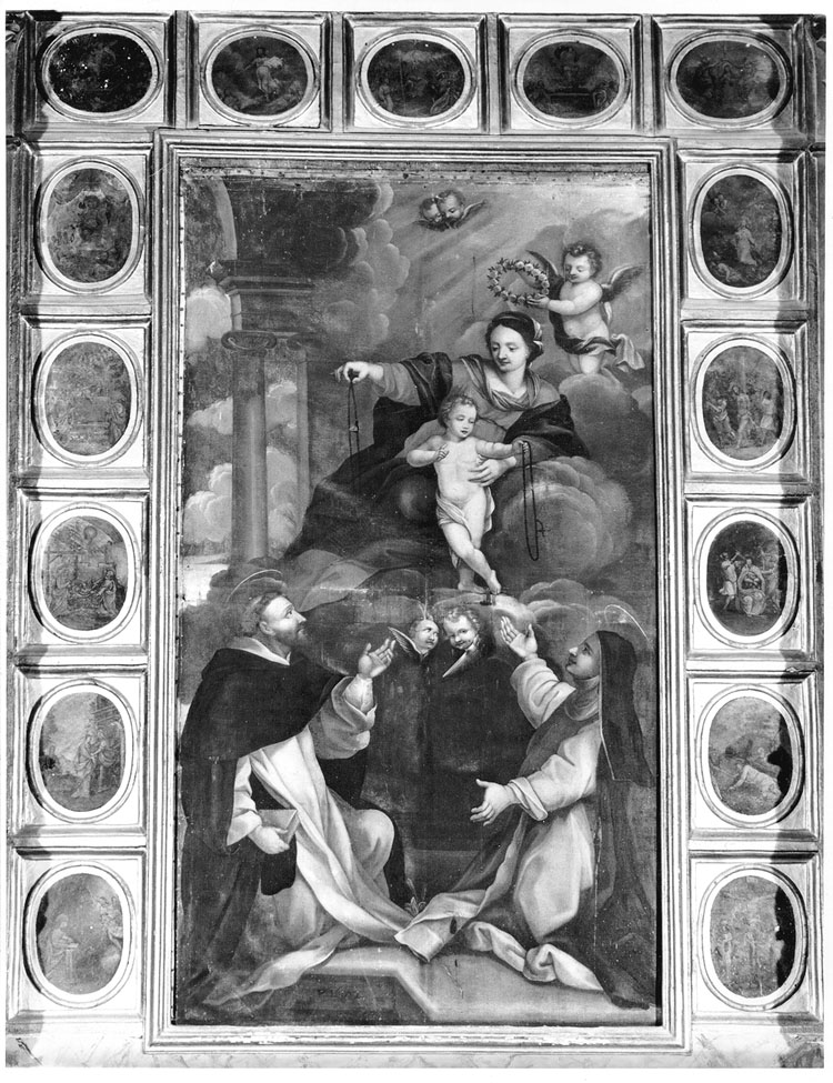 Madonna del Rosario con San Domenico e Santa Caterina da Siena (dipinto) di Ghezzi Giuseppe (attribuito) (sec. XVII)