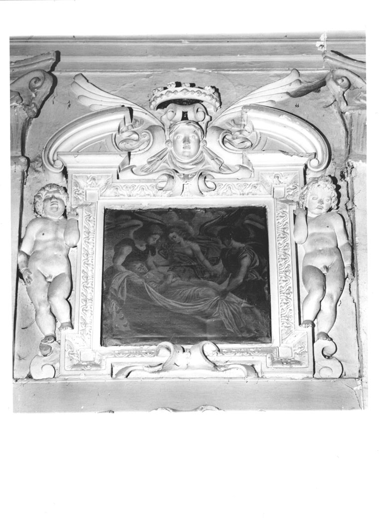 corpo e testa di Santa Caterina d`Alessandria trasportati dagli angeli sul Monte Sinai (dipinto) di Braganti Giovanni (attribuito) (inizio sec. XVII)