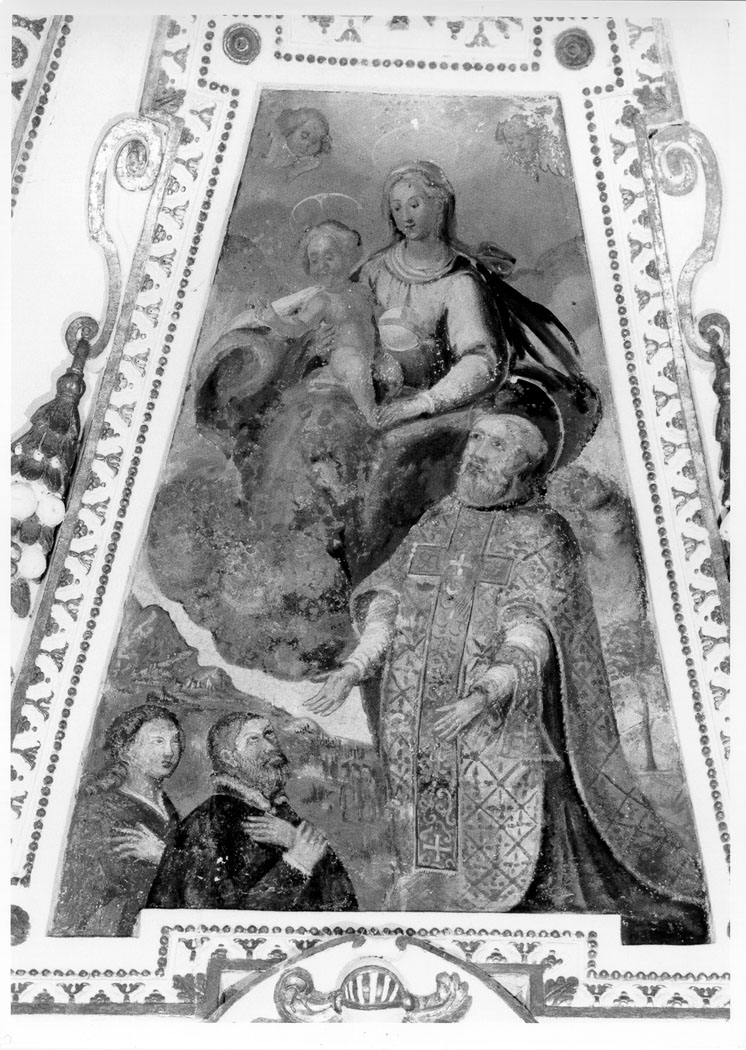 Madonna con Bambino tra San Filippo Neri e committenti (dipinto) di Malpiedi Domenico (sec. XVII)