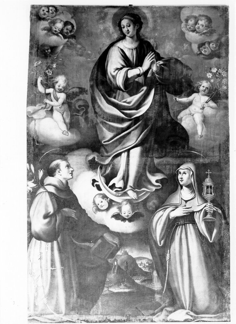 Madonna Immacolata con Sant'Antonio da Padova e Santa Chiara di Assisi (dipinto) di Malpiedi Domenico (attribuito) (sec. XVII)