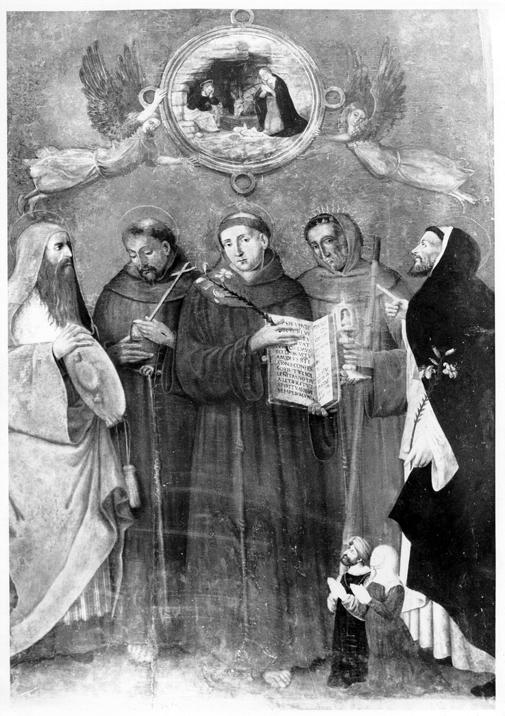 San Bonaventura, San Francesco d'Assisi, Sant`Antonio da Padova, San Giacomo e San Domenico (dipinto) - ambito marchigiano (sec. XVI)