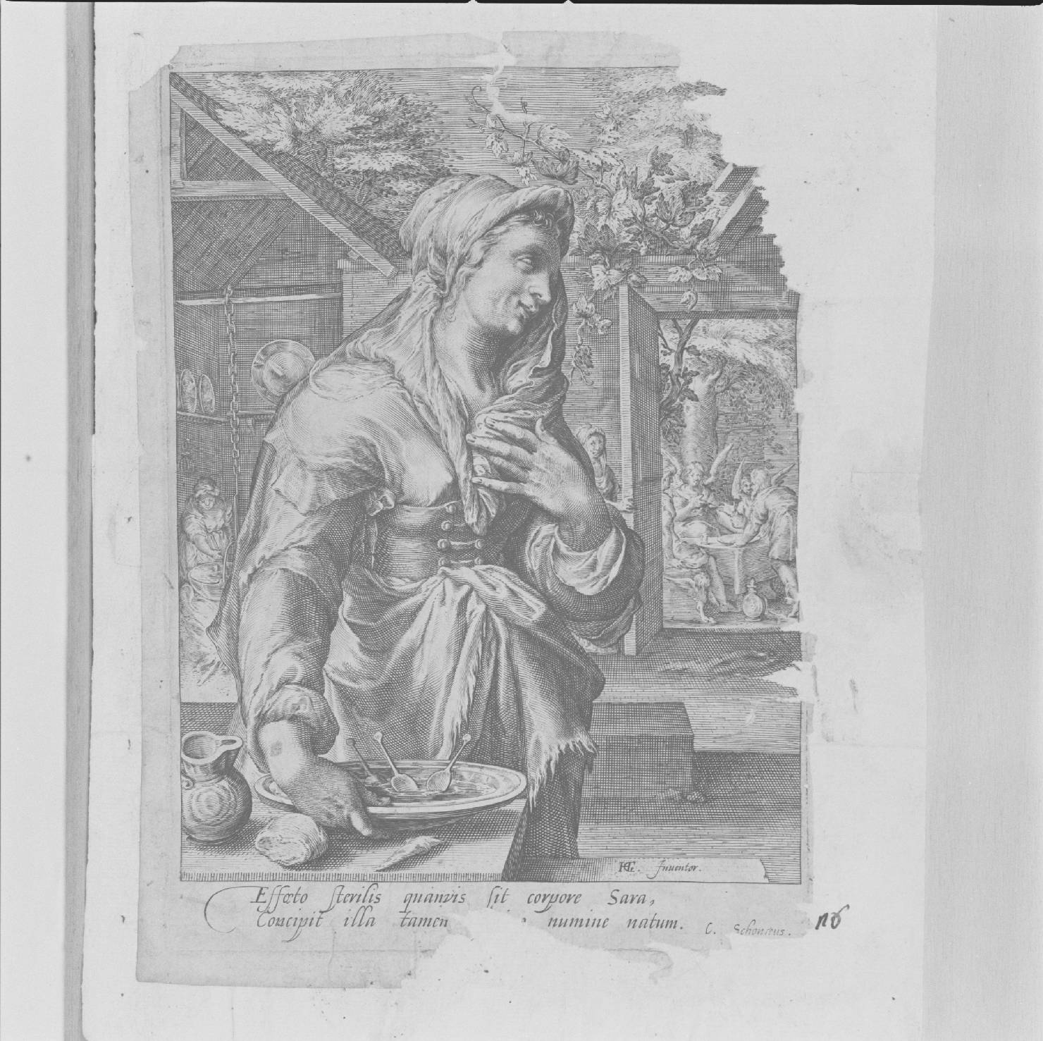 Sara (stampa tagliata) di Goltzius Hendrick, Schoneus C (fine/inizio secc. XVI/ XVII)