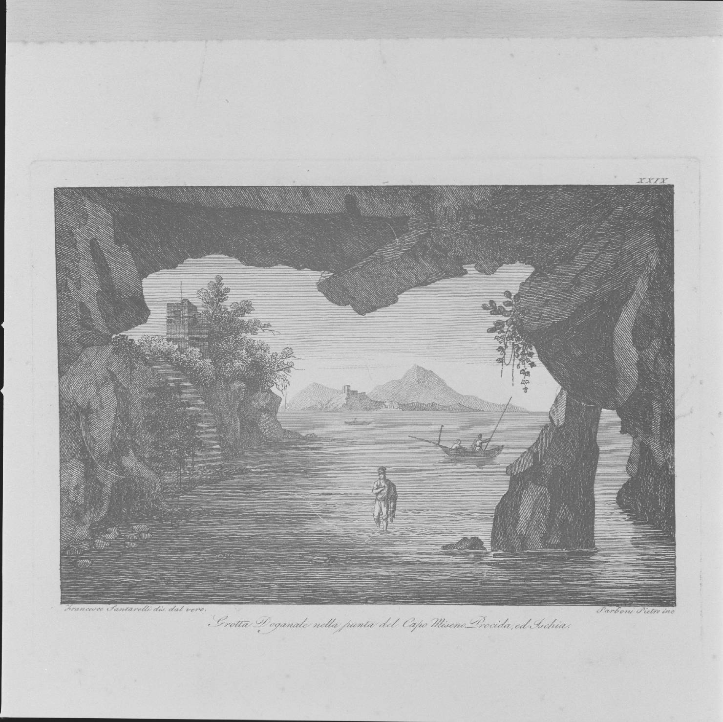 grotta a Capo Miseno con veduta di Procida e Ischia (stampa, elemento d'insieme) di Santarelli Francesco, Parboni Pietro (sec. XIX)