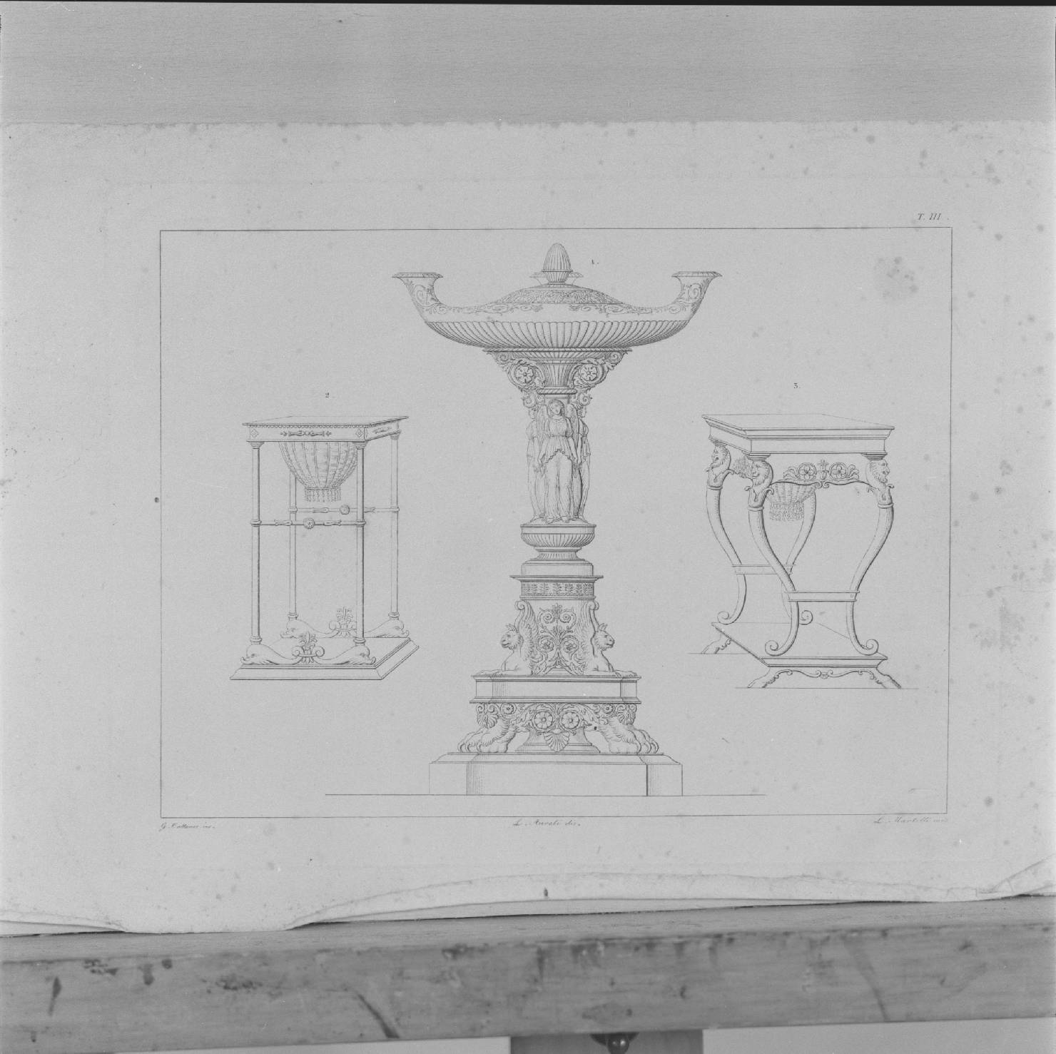 studio per tavolini e lucerna (stampa, elemento d'insieme) di Cattaneo G, Aureli Lodovico, Martelli L (prima metà sec. XIX)