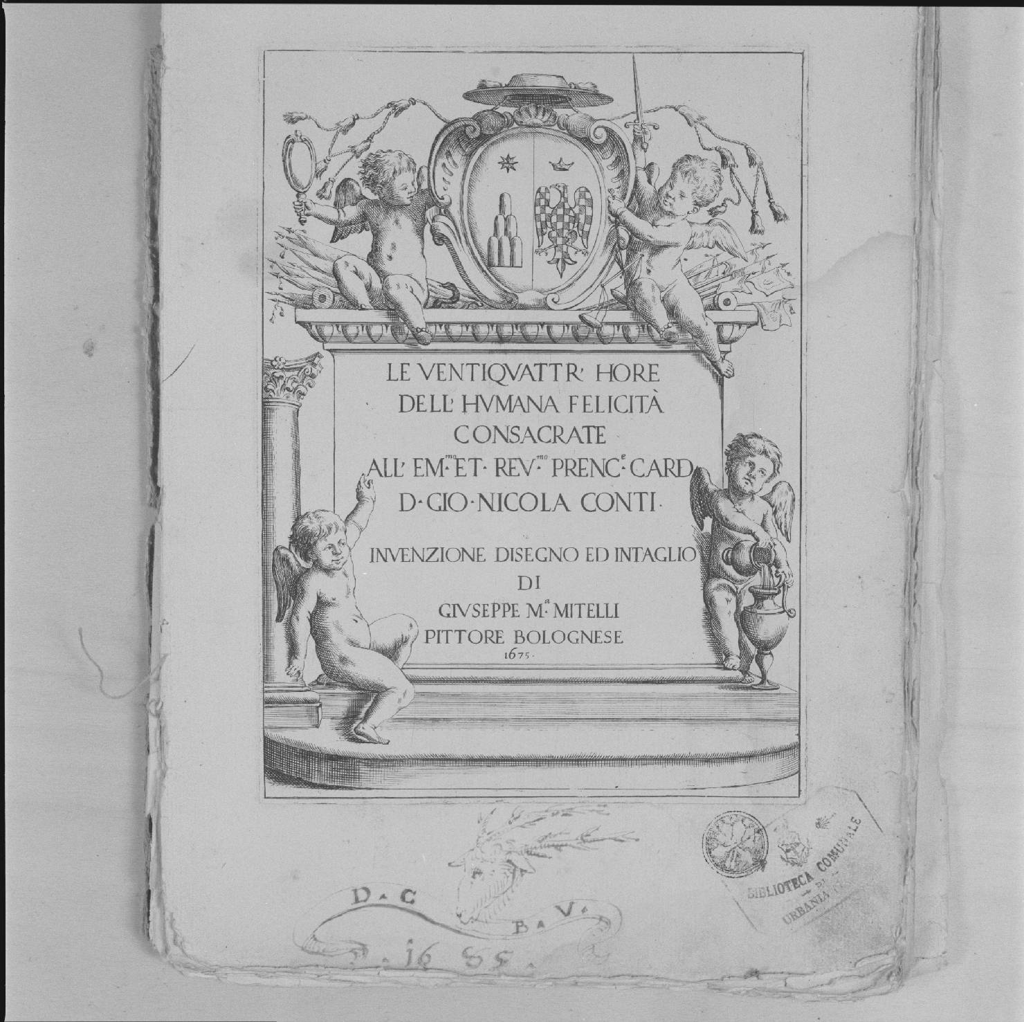 base con iscrizione e stemma (stampa, serie) di Mitelli Giuseppe Maria (sec. XVII)