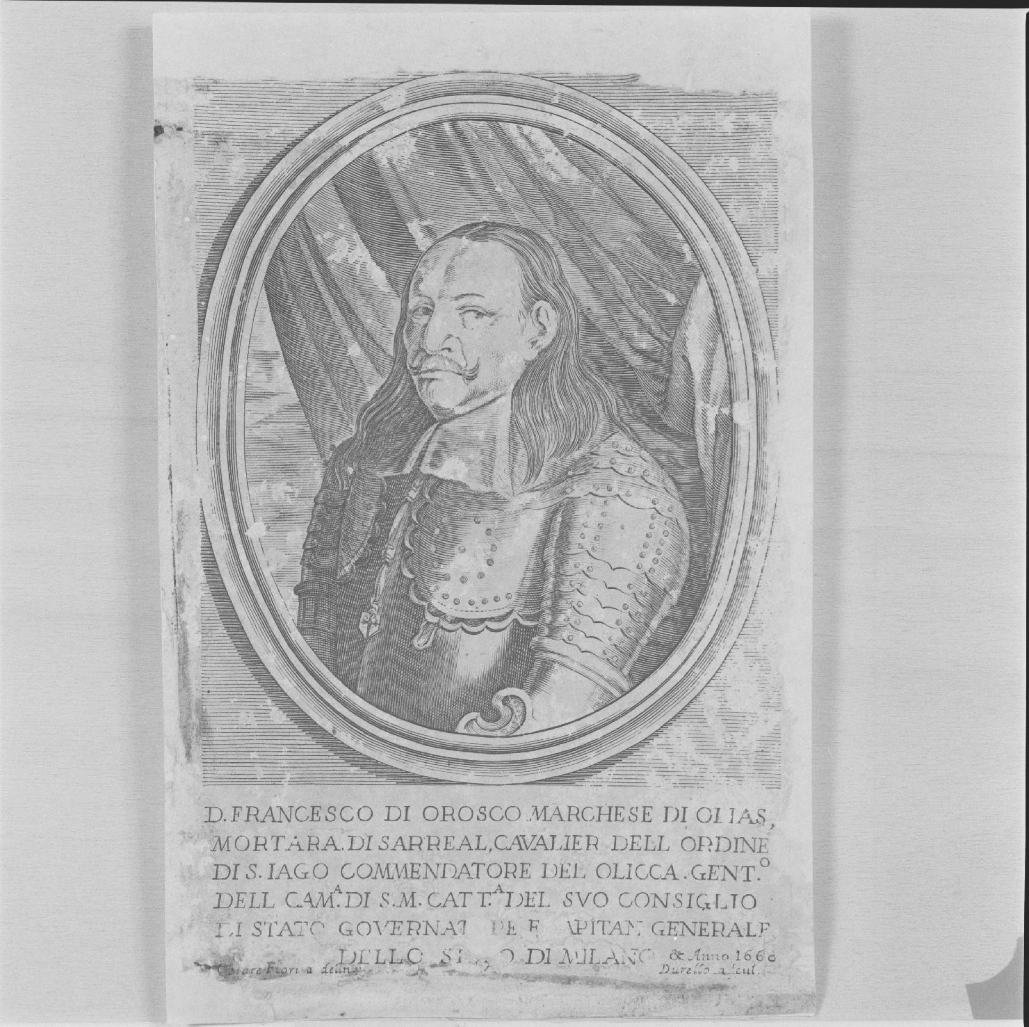 ritratto del marchese Francisco di Orosco (stampa smarginata) di Fiori Cesare, Durello Simone (sec. XVII)