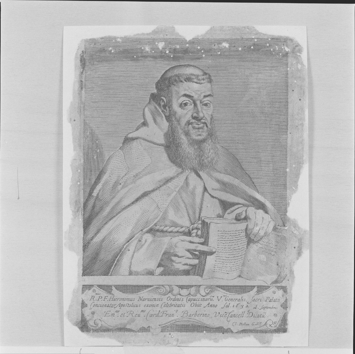 ritratto di Padre Girolamo da Narni (stampa smarginata) di Mellan Claude (sec. XVII)