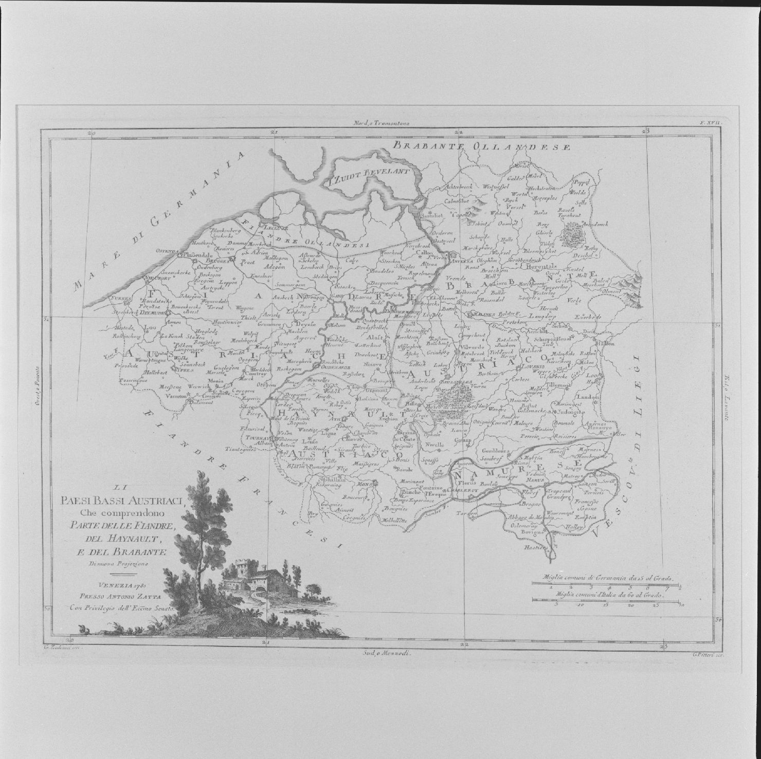 carta geografica dei Paesi Bassi (stampa colorata a mano, serie) di Pitteri Marco Alvise, Zuliani Giuliano - ambito europeo (sec. XVIII)