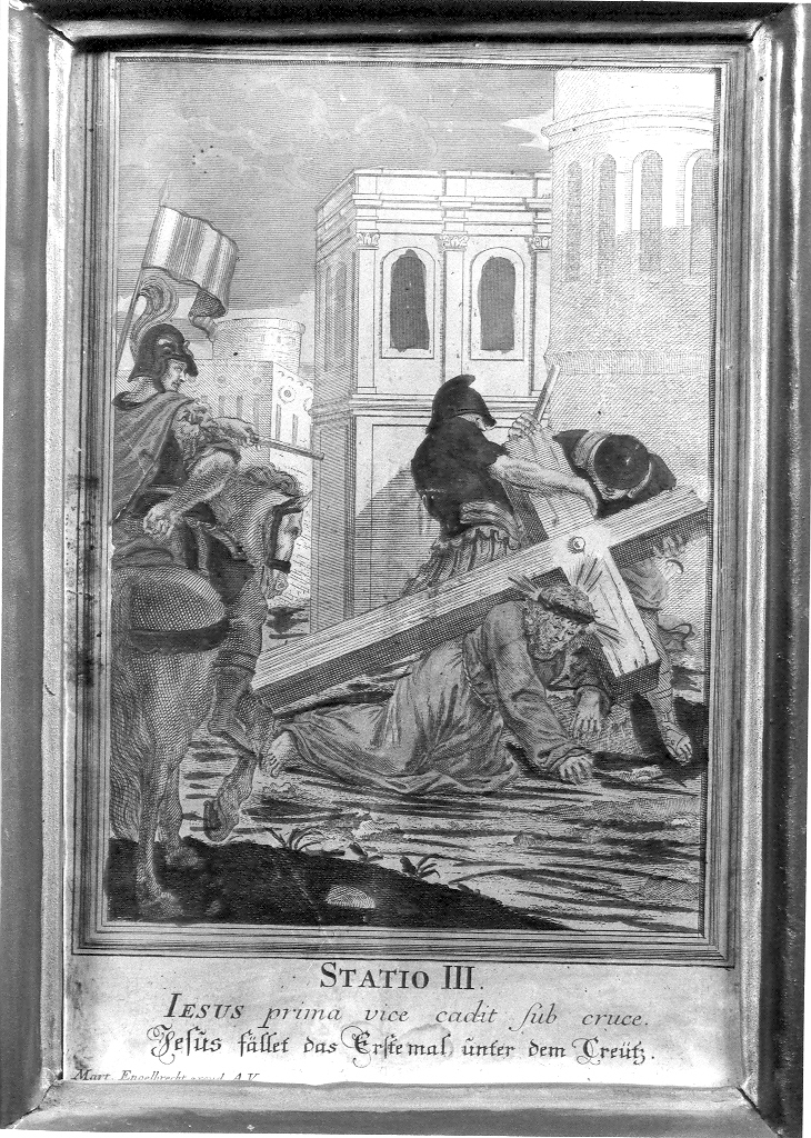 STATIO IV/ IESUS, stazione III: Gesù cade sotto la croce la prima volta (stampa, elemento d'insieme) di Engelbrecht Martin (sec. XVIII)
