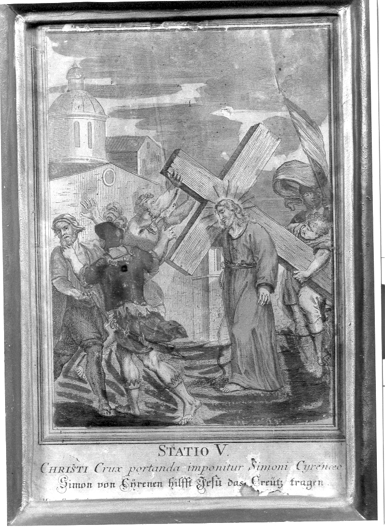 STATIO V/ CHRISTI.., stazione V: Gesù aiutato da Simone il Cireneo a portare la croce (stampa, elemento d'insieme) di Engelbrecht Martin (sec. XVIII)