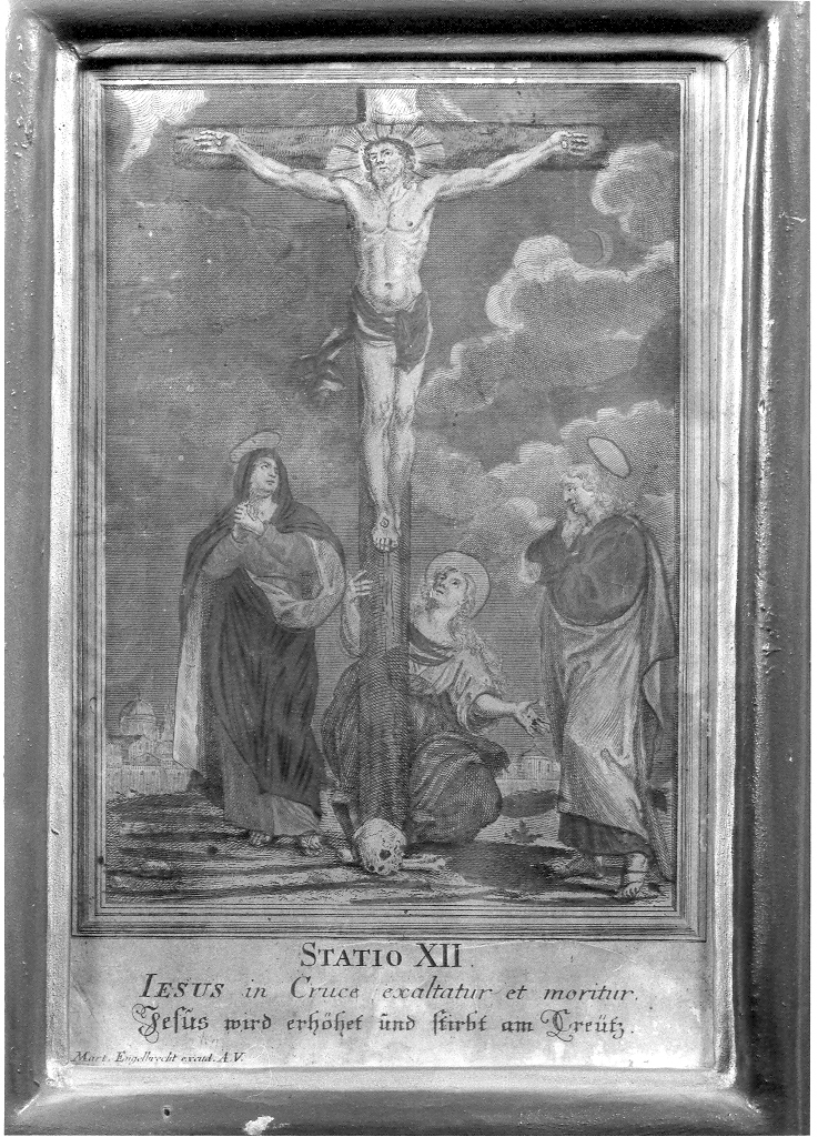 STATIO XII/ IESUS.., stazione XII: Gesù innalzato e morto in croce (stampa, elemento d'insieme) di Engelbrecht Martin (sec. XVIII)
