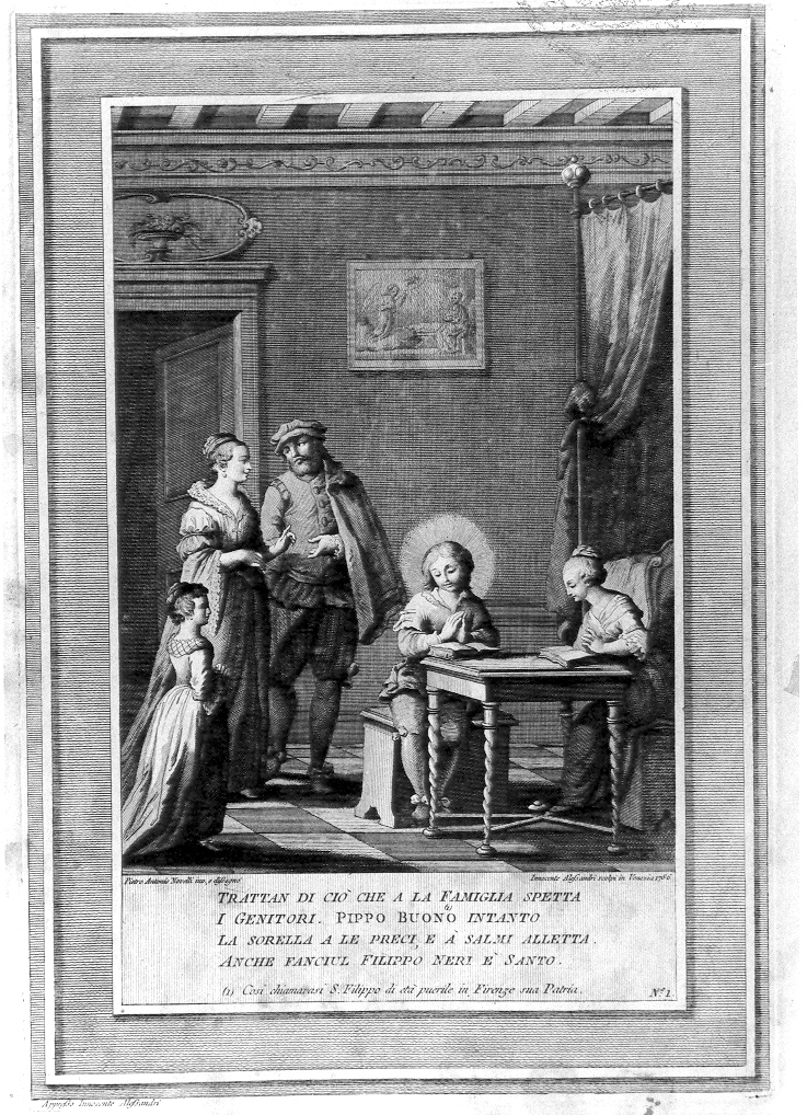 San Filippo Neri con i genitori e le sorelle (stampa, serie) di Alessandri Innocente, Novelli Pietro Antonio (sec. XVIII)