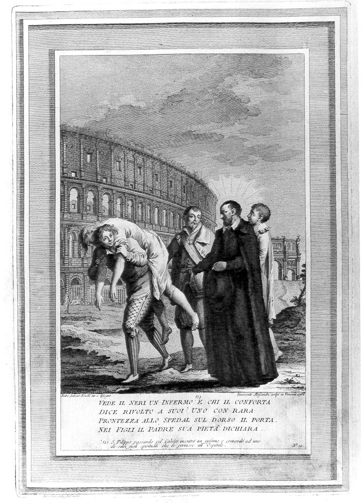 San Filippo Neri fa accompagnare un infermo in Ospedale (stampa, serie) di Alessandri Innocente, Novelli Pietro Antonio (sec. XVIII)