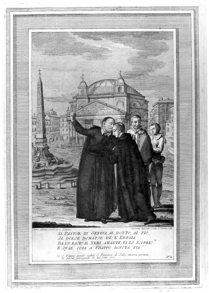 San Francesco Neri incontra San Francesco di Sales (stampa, serie) di Alessandri Innocente, Novelli Pietro Antonio (sec. XVIII)