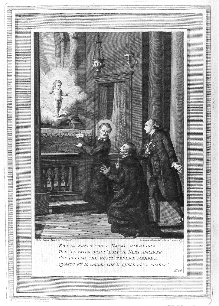 apparizione di Gesù Bambino a San Filippo Neri (stampa, serie) di Alessandri Innocente, Novelli Pietro Antonio (sec. XVIII)
