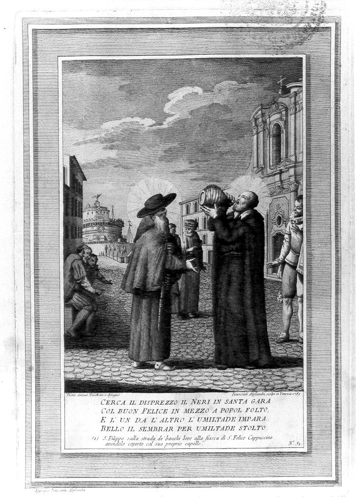 San Filippo Neri beve dalla fiasca di San Felice (stampa, serie) di Alessandri Innocente, Novelli Pietro Antonio (sec. XVIII)