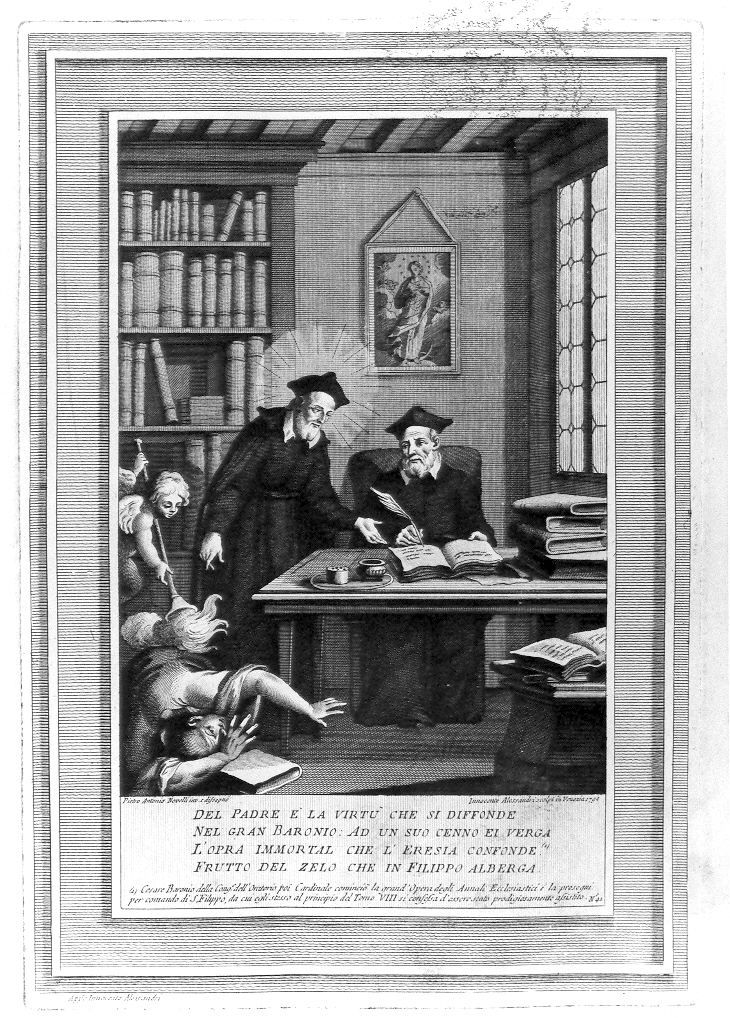 San Filippo Neri ispira la stesura degli Annali Ecclesiastici (stampa, serie) di Alessandri Innocente, Novelli Pietro Antonio (sec. XVIII)
