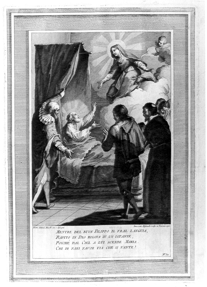 apparizione della Madonna a San Filippo Neri (stampa, serie) di Alessandri Innocente, Novelli Pietro Antonio (sec. XVIII)