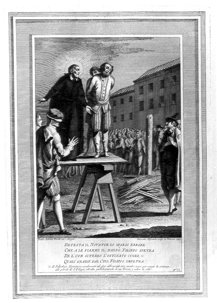 San Filippo Neri salva il Paleologo Eresiarca dal rogo (stampa, serie) di Alessandri Innocente, Novelli Pietro Antonio (sec. XVIII)