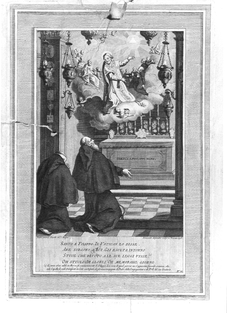 San Filippo Neri appare a due confratelli (stampa, serie) di Alessandri Innocente, Novelli Pietro Antonio (sec. XVIII)