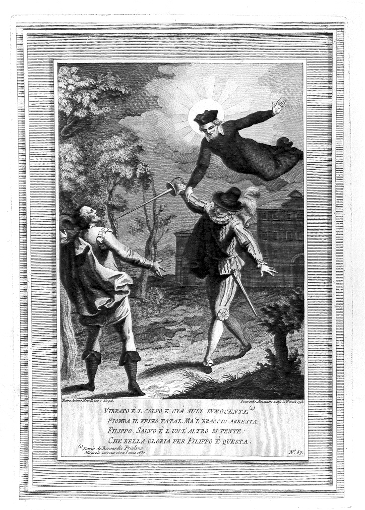San Filippo Neri salva un innocente durante un duello (stampa, serie) di Alessandri Innocente, Novelli Pietro Antonio (sec. XVIII)
