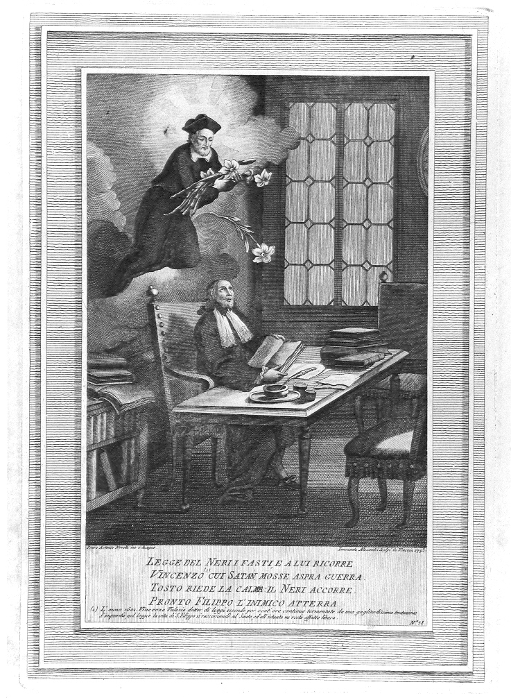 San Filippo Neri appare al dottor Vincenzo Valesio (stampa, serie) di Alessandri Innocente, Novelli Pietro Antonio (sec. XVIII)