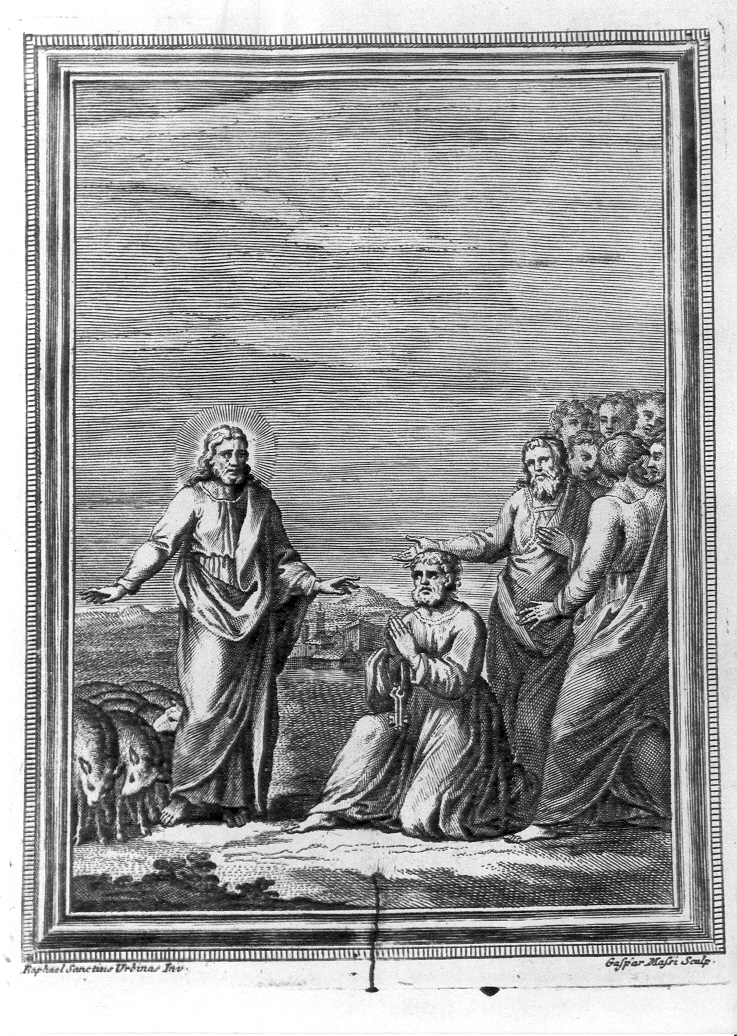 Cristo consegna le chiavi a San Pietro (stampa) di Massi Gasparo, Sanzio Raffaello (sec. XVIII)