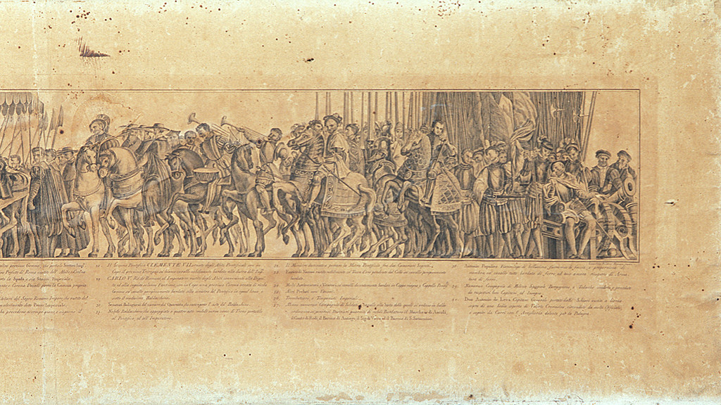 entrata di Carlo V a Bologna (stampa) di Filidoni Gioacchino, Benini Giovanni, Brusasorci Domenico (sec. XVIII)