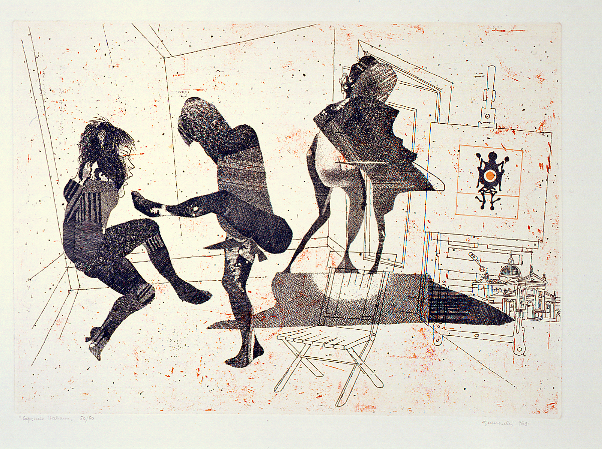 interno con figure danzanti (stampa) di Guerreschi Giuseppe (sec. XX)