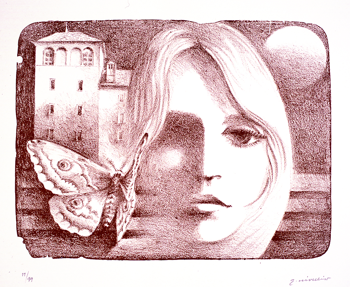 ritratto di donna con farfalla (stampa smarginata) di Crivelli Giuliano (sec. XX)