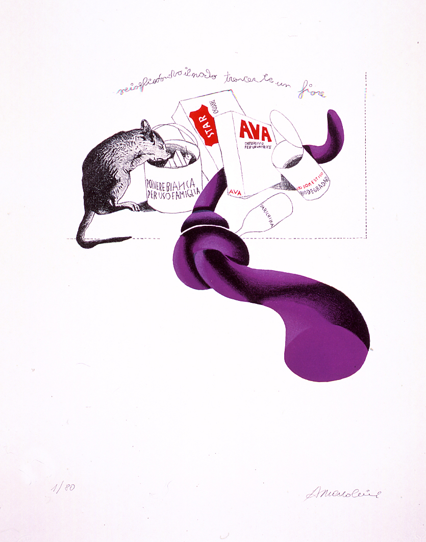 Scatole, nodi e topo, topo e oggetti (stampa a colori) di Marcolini Arnaldo (sec. XX)