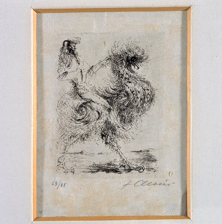 Uccello Rut con cavaliere, animale fantastico e figura (stampa) di Clerici Fabrizio (sec. XX)